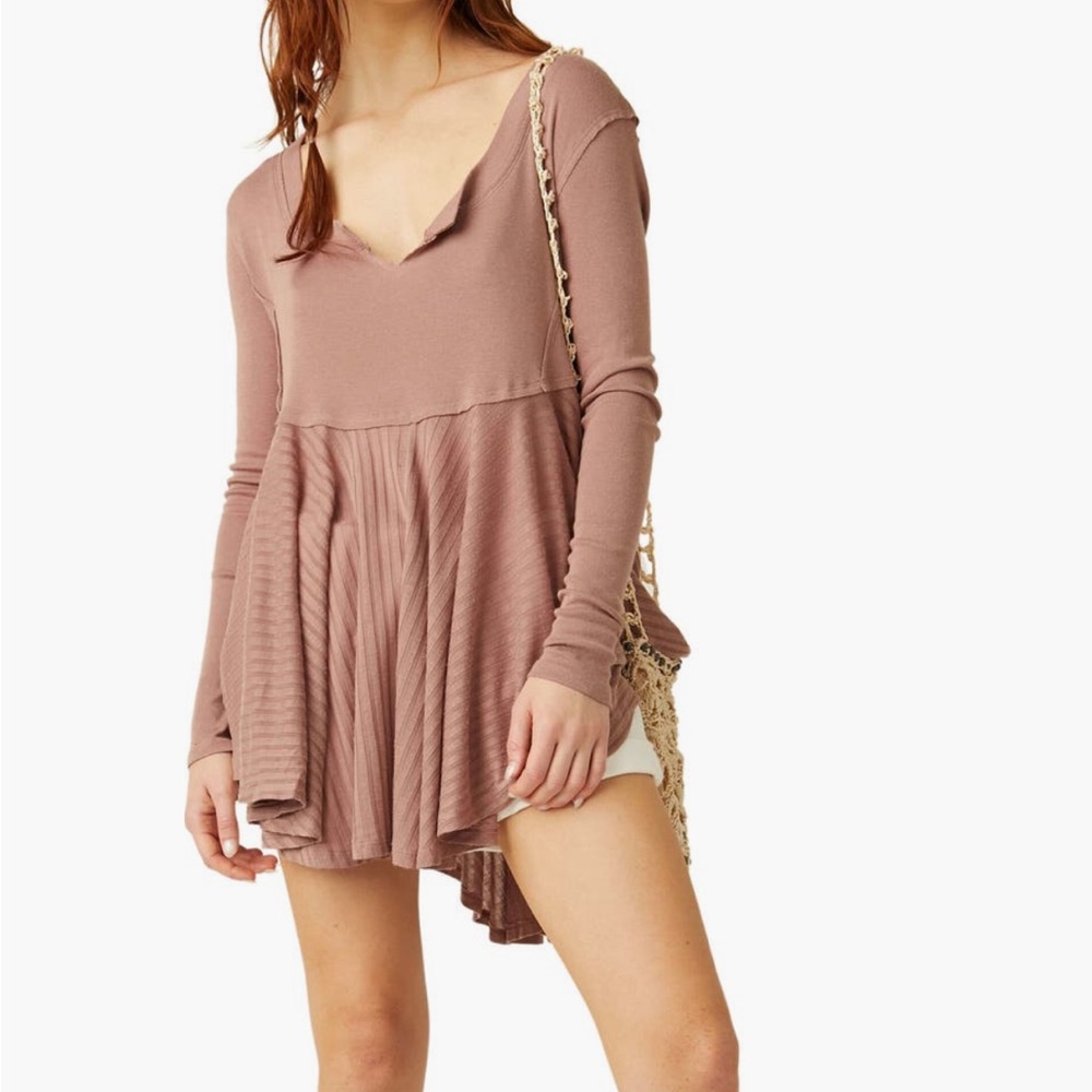 NWT! Free People Clover Long Sleeve Babydoll Dress Large ANTIQUE OAK Mauve